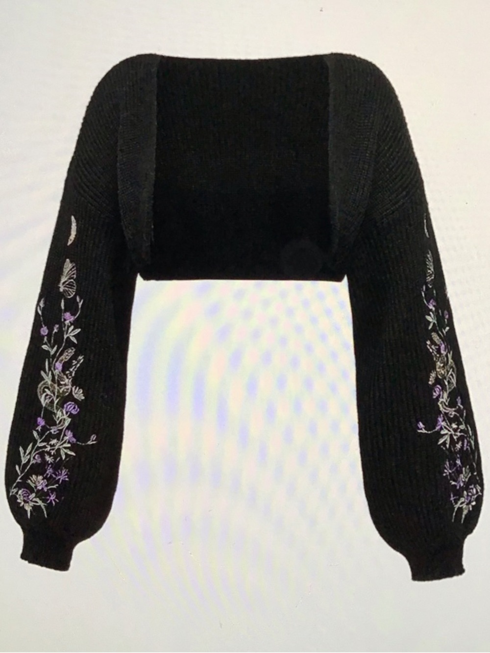 Whimsy Black Cropped Sweater with Purple Floral and Snake Embroidery